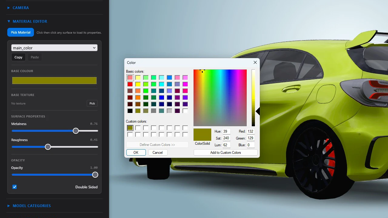 Material editor - adjust colour, metalness, roughness